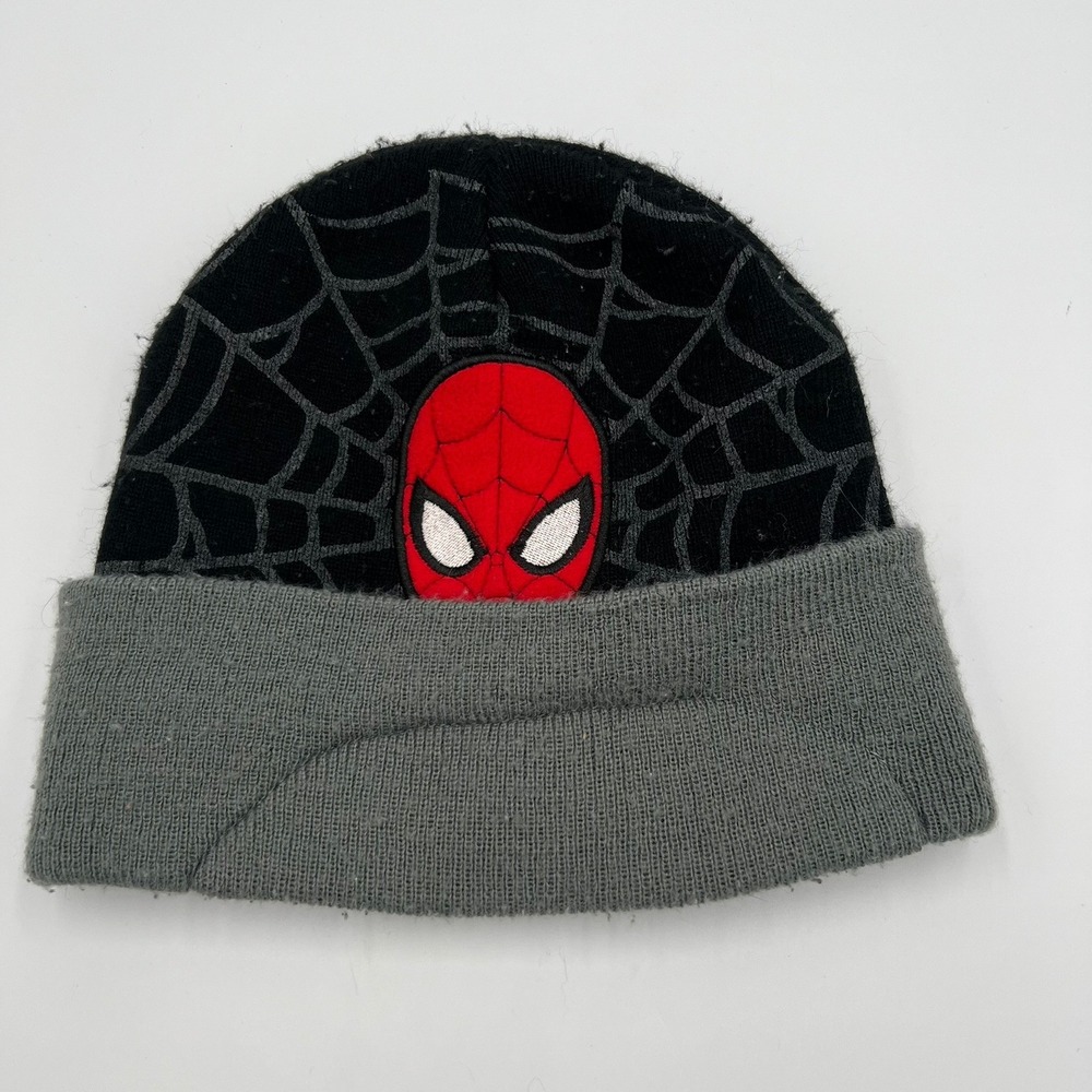 Marvel Spiderman Beanie Kids OSFM Black Grey Good Web Knit Cuffed Hat - Picture 2 of 6